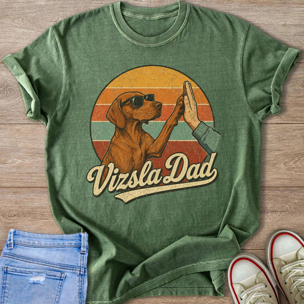 Vizsla dog wearing sunglasses gives a high five with text "Vizsla Dad" below.