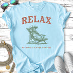 Light blue t-shirt with text "RELAX" and a dog lounging.