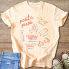 Peach t-shirt with "Pasta Pups" text and dachshunds stylized as pasta shapes.