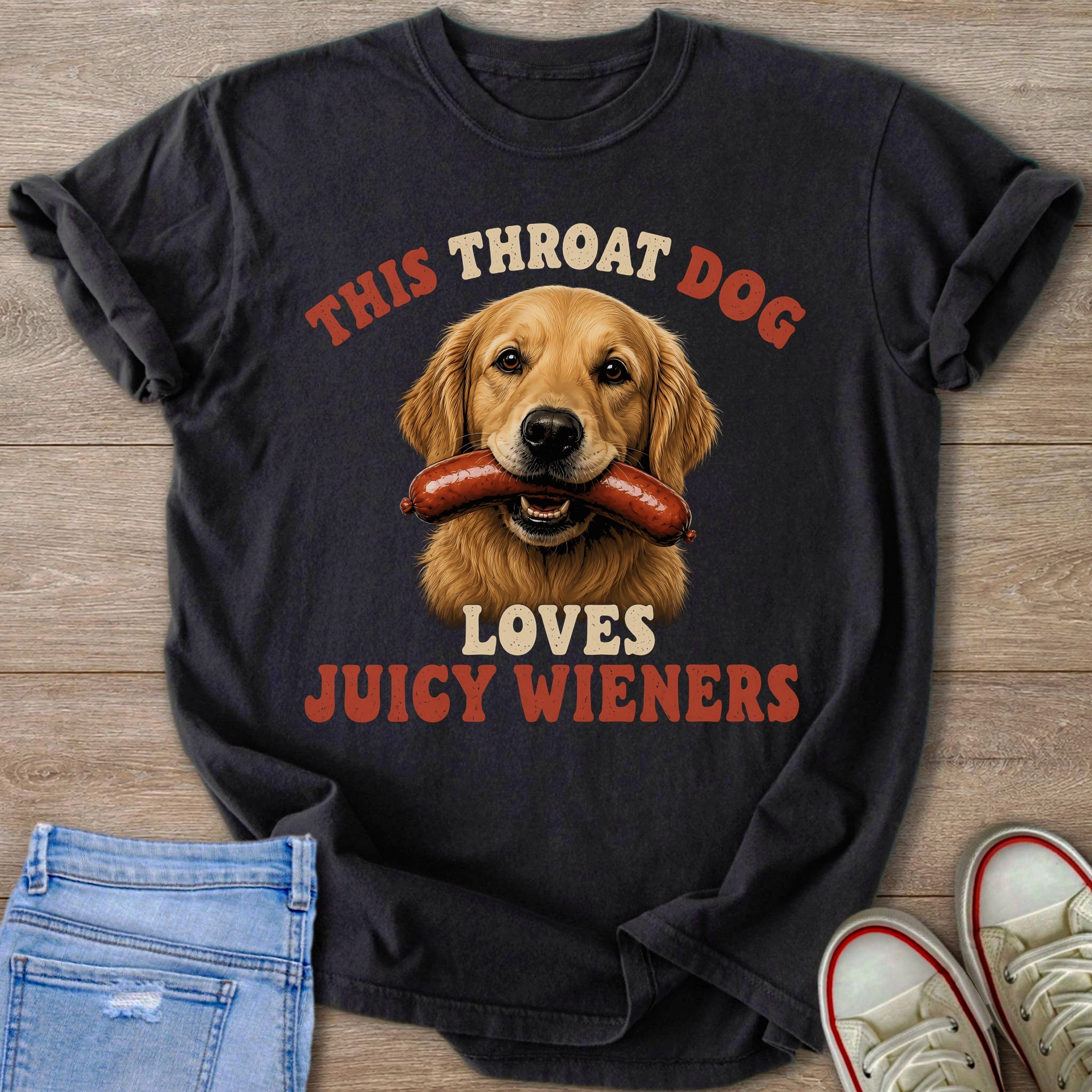 Golden retriever with sausage in mouth and text: This throat dog loves juicy wieners.