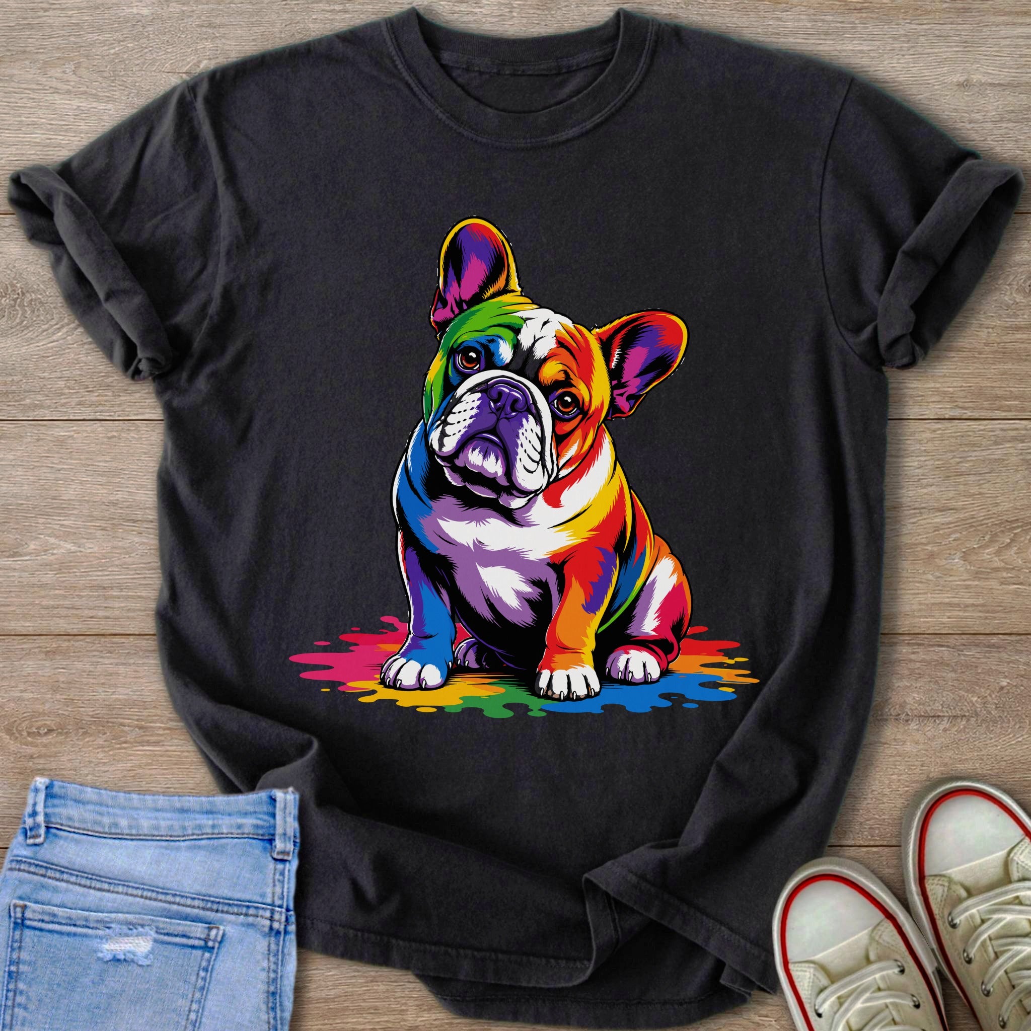 Black t-shirt with a colorful French bulldog graphic and paint splatters.