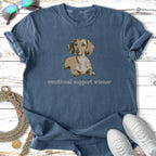 T-shirt with a drawing of a dachshund and "emotional support wiener" text.