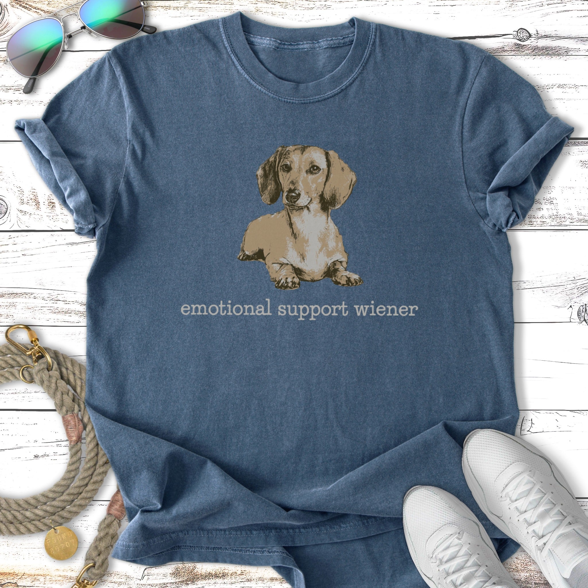 T-shirt with a drawing of a dachshund and "emotional support wiener" text.