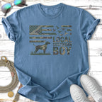 Blue t-shirt with American flag camouflage and "LOCAL SOUTHERN BOY" text.