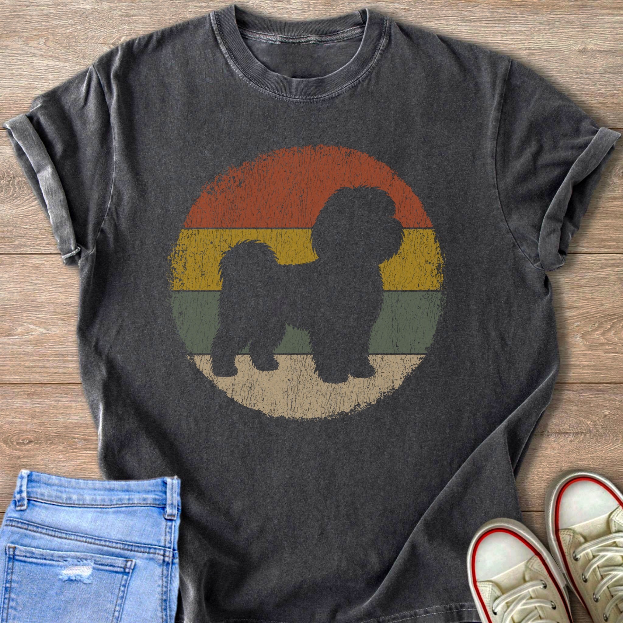 Black t-shirt with a shih tzu silhouette over a retro sun graphic.