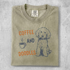 T-shirt with "Coffee and Doodles" text and a doodle dog illustration.