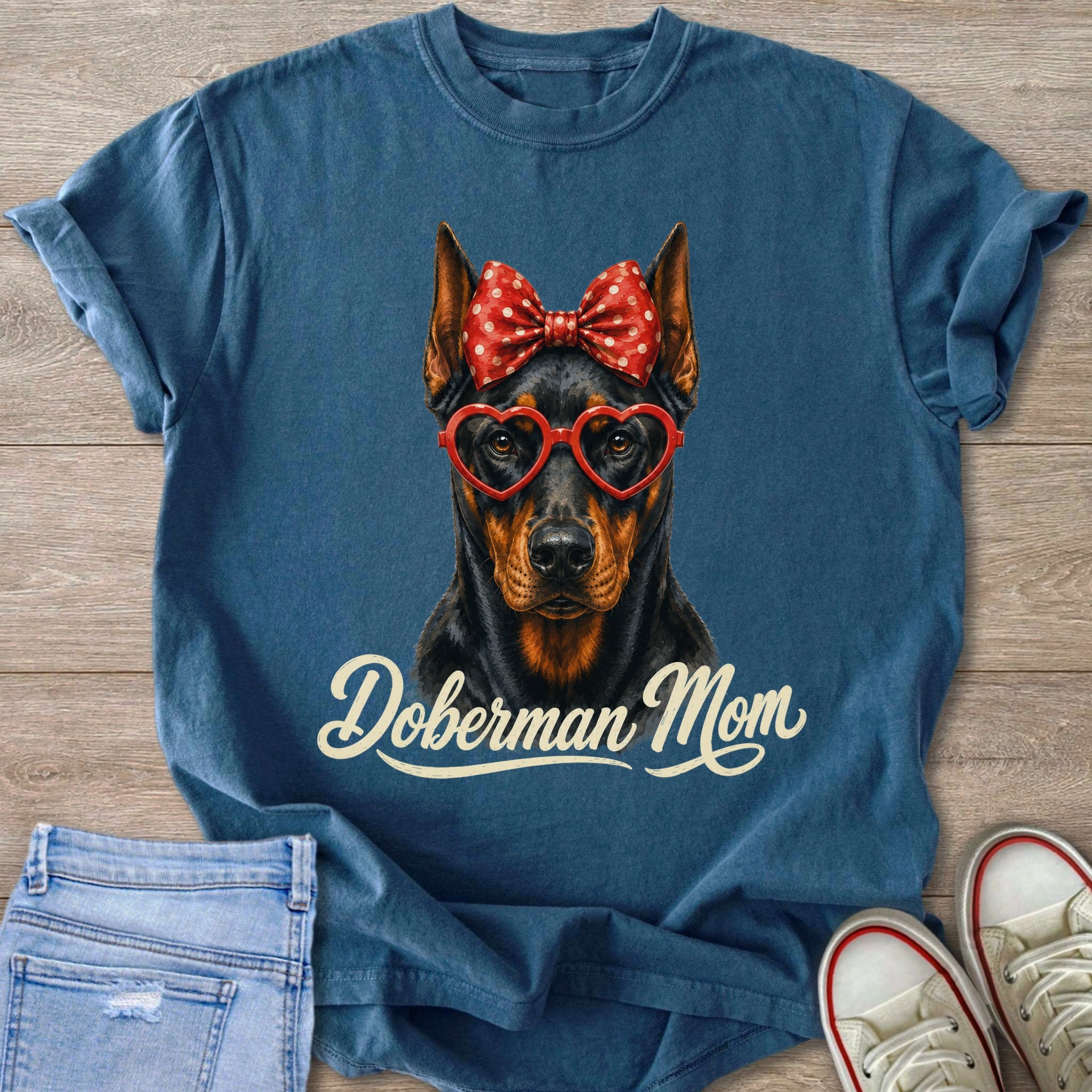 Doberman mom graphic on a blue t-shirt with heart sunglasses and red polka dot bow