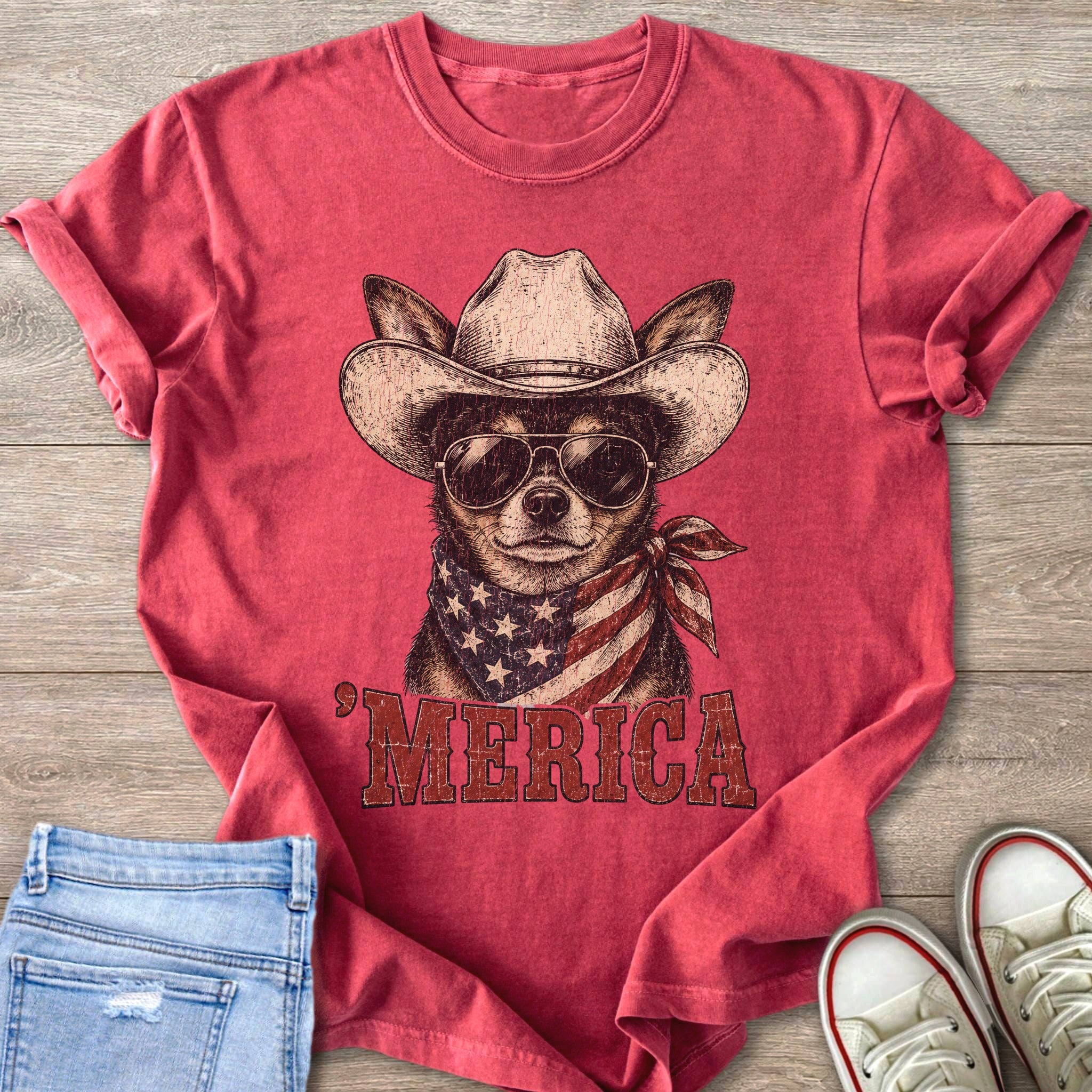 Red t-shirt with a chihuahua wearing a cowboy hat, sunglasses, and American flag bandana.
