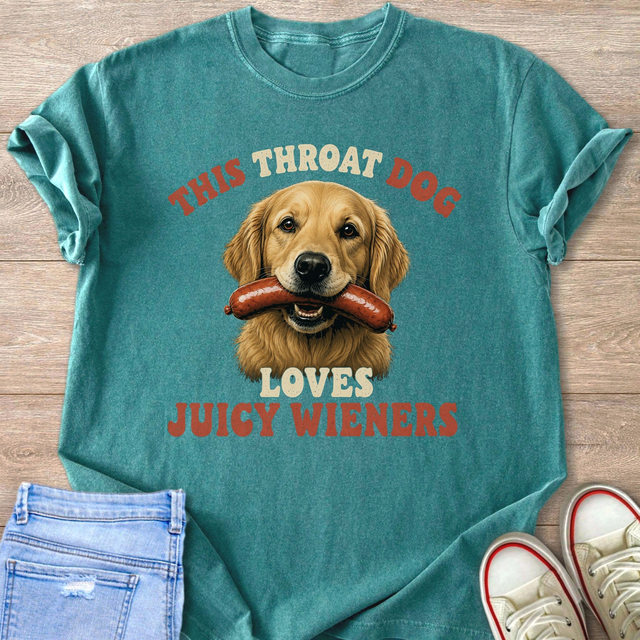 Golden retriever with sausage in mouth, text "This Throat Dog Loves Juicy Wieners."