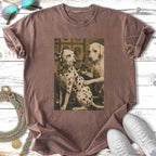 Dalmatian and Labrador dogs playing with a tattoo gun in a vintage style.