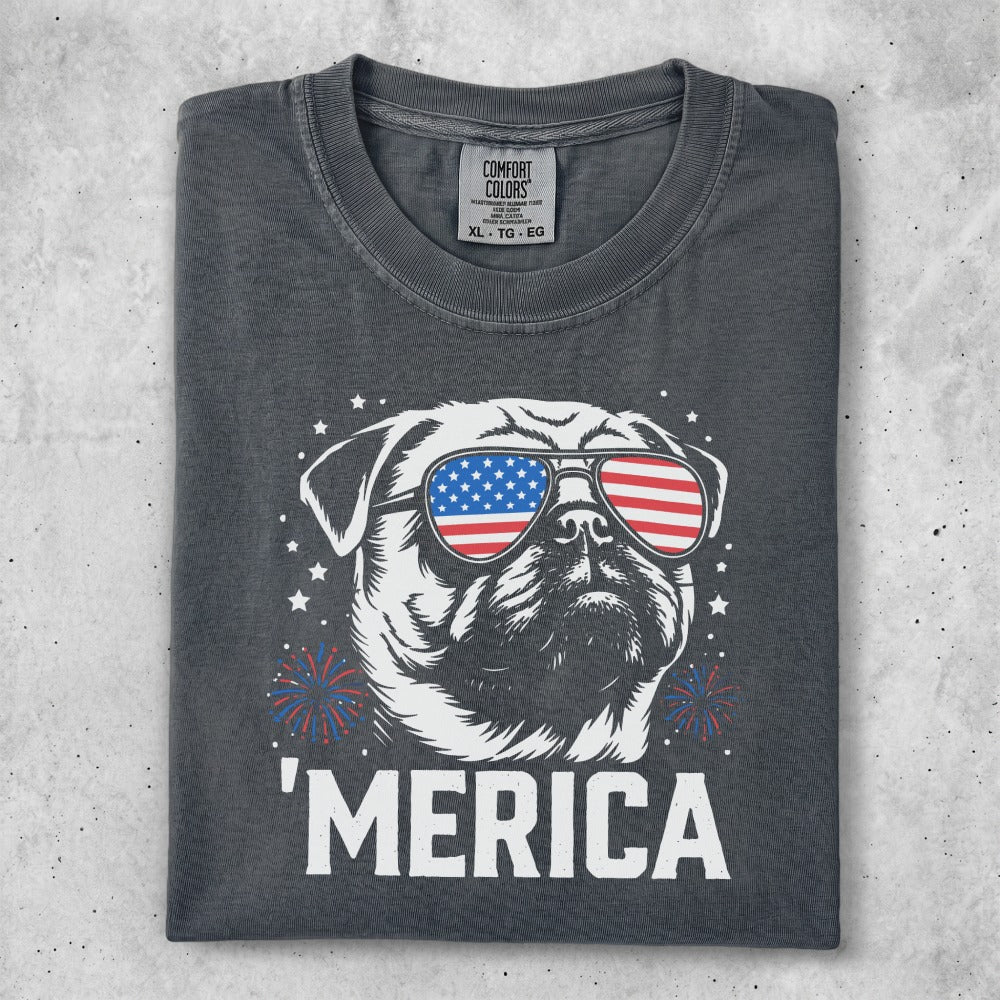 Dog wearing sunglasses with American flag design, surrounded by stars and fireworks.
