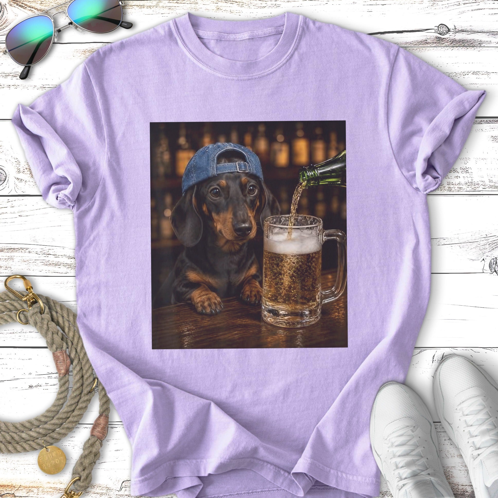 Dachshund wearing a baseball cap pours beer into a mug.