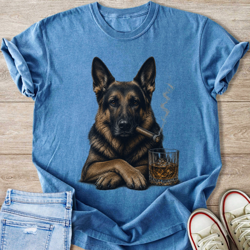 German Shepherd with cigar and whiskey on blue t-shirt.
