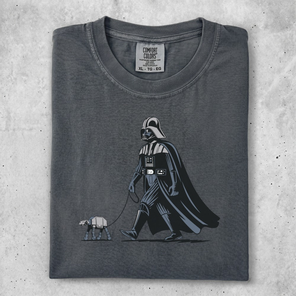 Darth Vader walks a mini-AT-AT on a leash, Comfort Colors shirt.