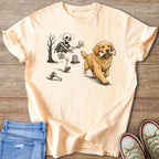 Golden retriever carrying bone, chased by a skeleton near a tombstone.