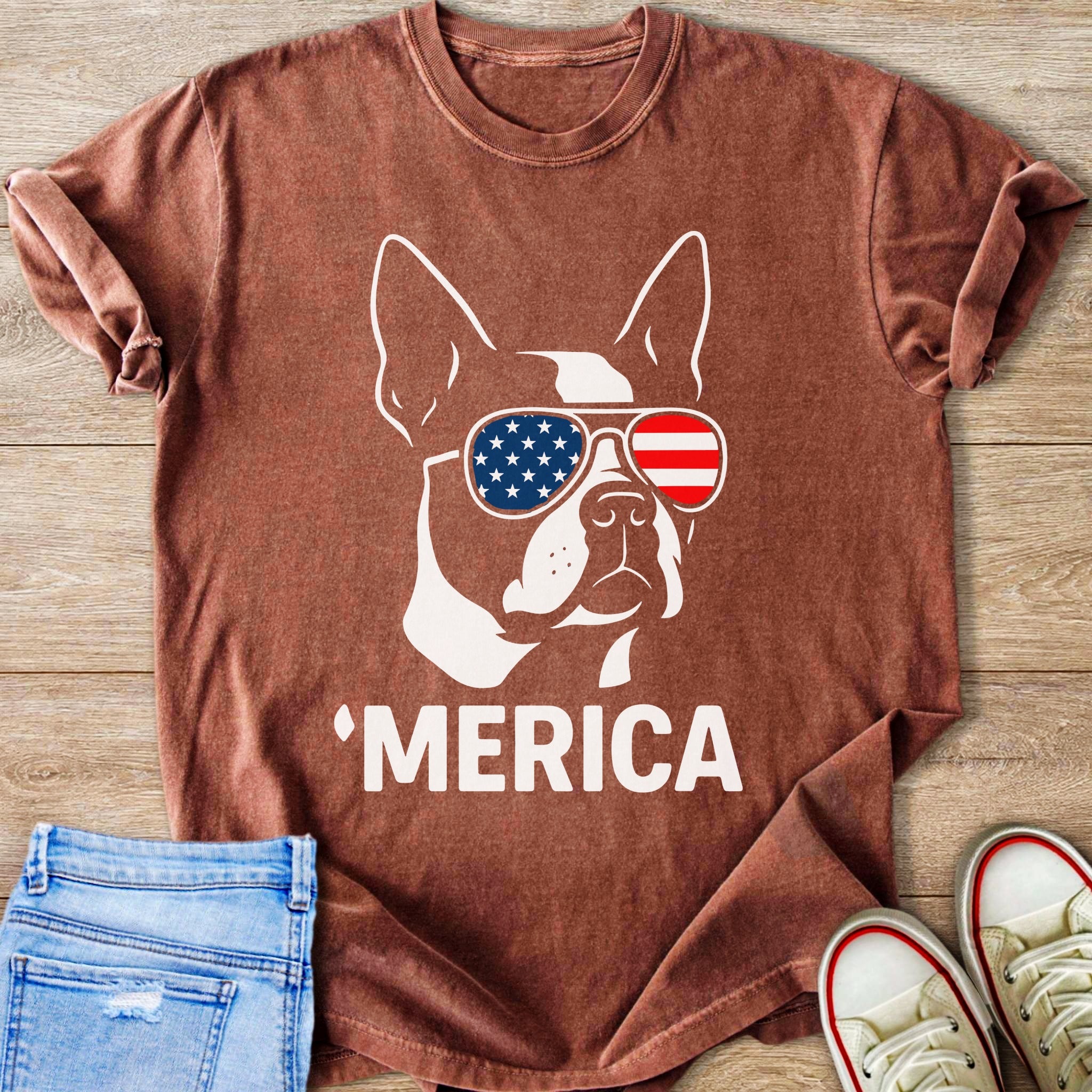 Brown t-shirt graphic of a dog wearing American flag sunglasses and the text 'MERICA.