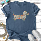 T-shirt with a floral dachshund graphic and sunglasses and sneakers.