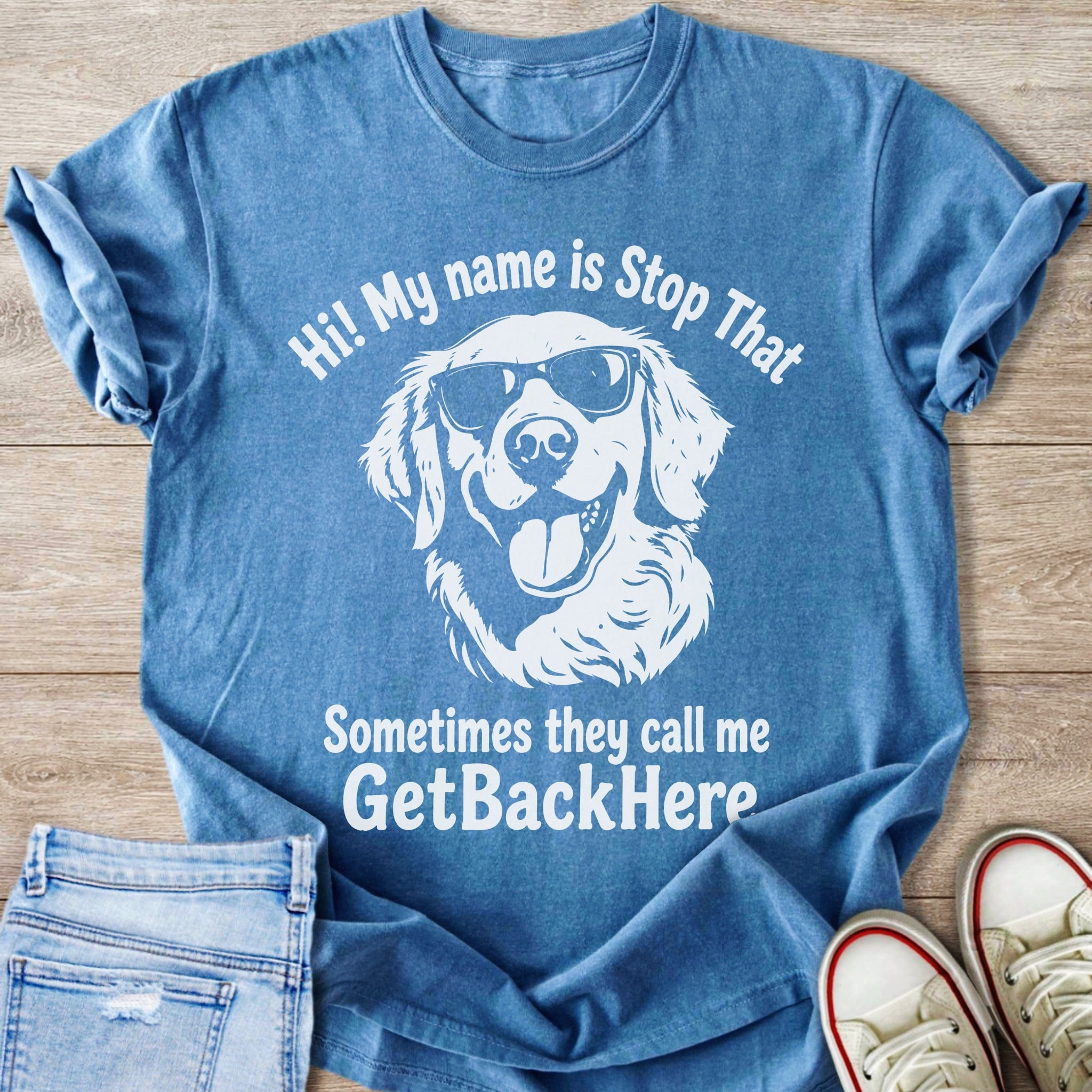 Blue t-shirt with white graphic of a dog wearing sunglasses and text.
