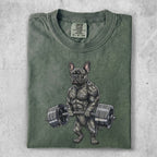 Muscular French Bulldog lifting a barbell, Comfort Colors t-shirt.