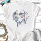 Dog wearing sunglasses with American flag design on white t-shirt.