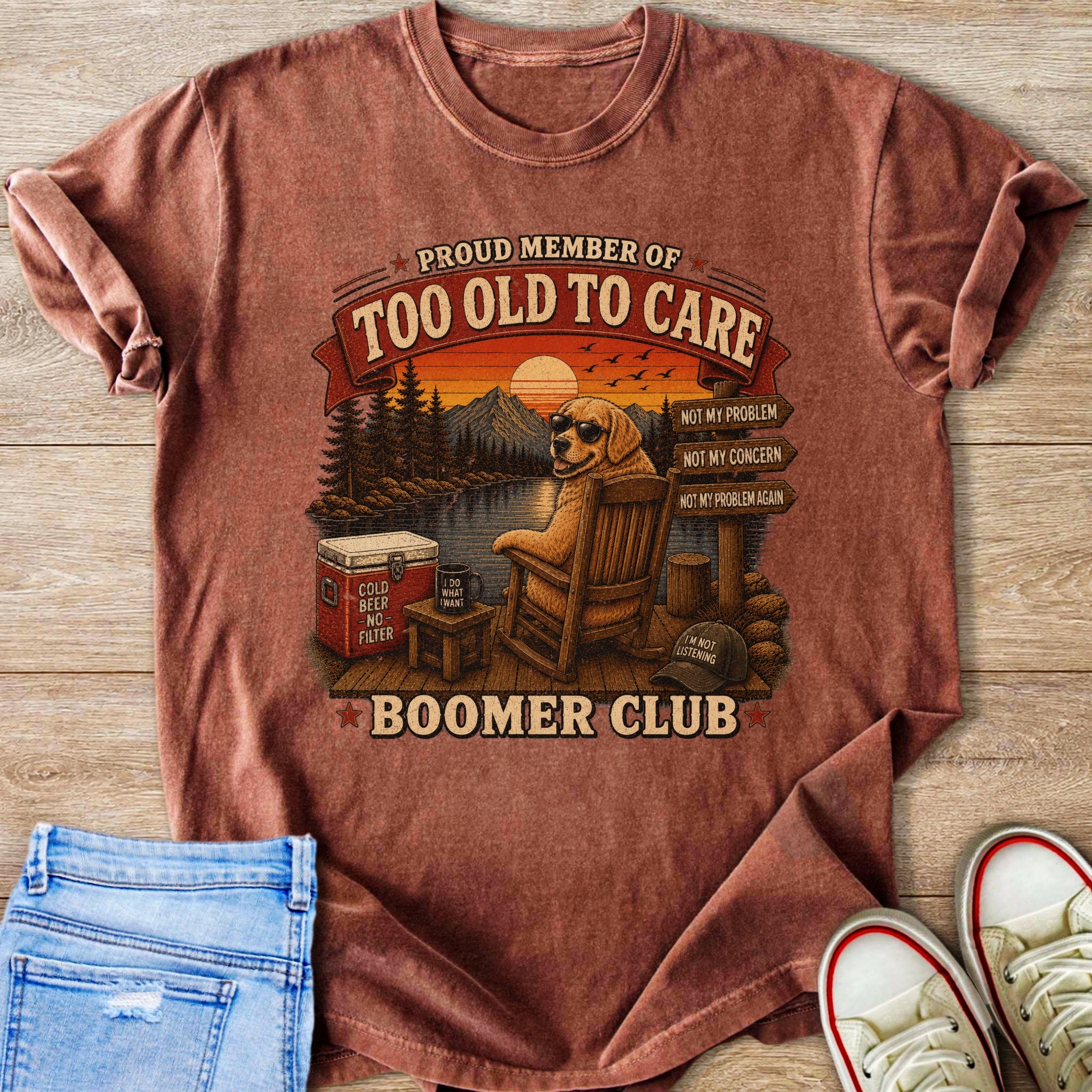 Dog in rocking chair with "Too Old to Care Boomer Club" graphic text.