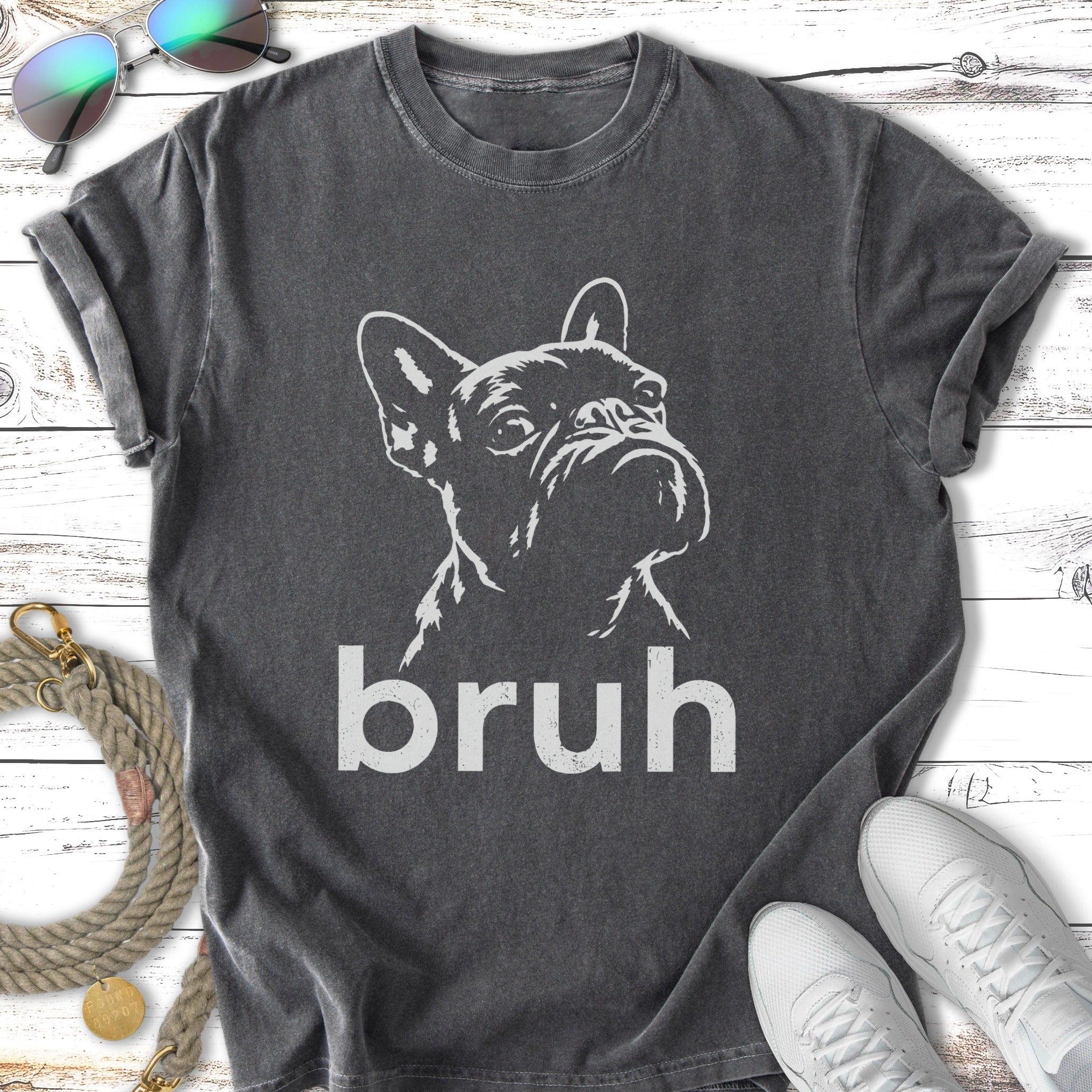 Charcoal t-shirt with "bruh" and French bulldog graphic.