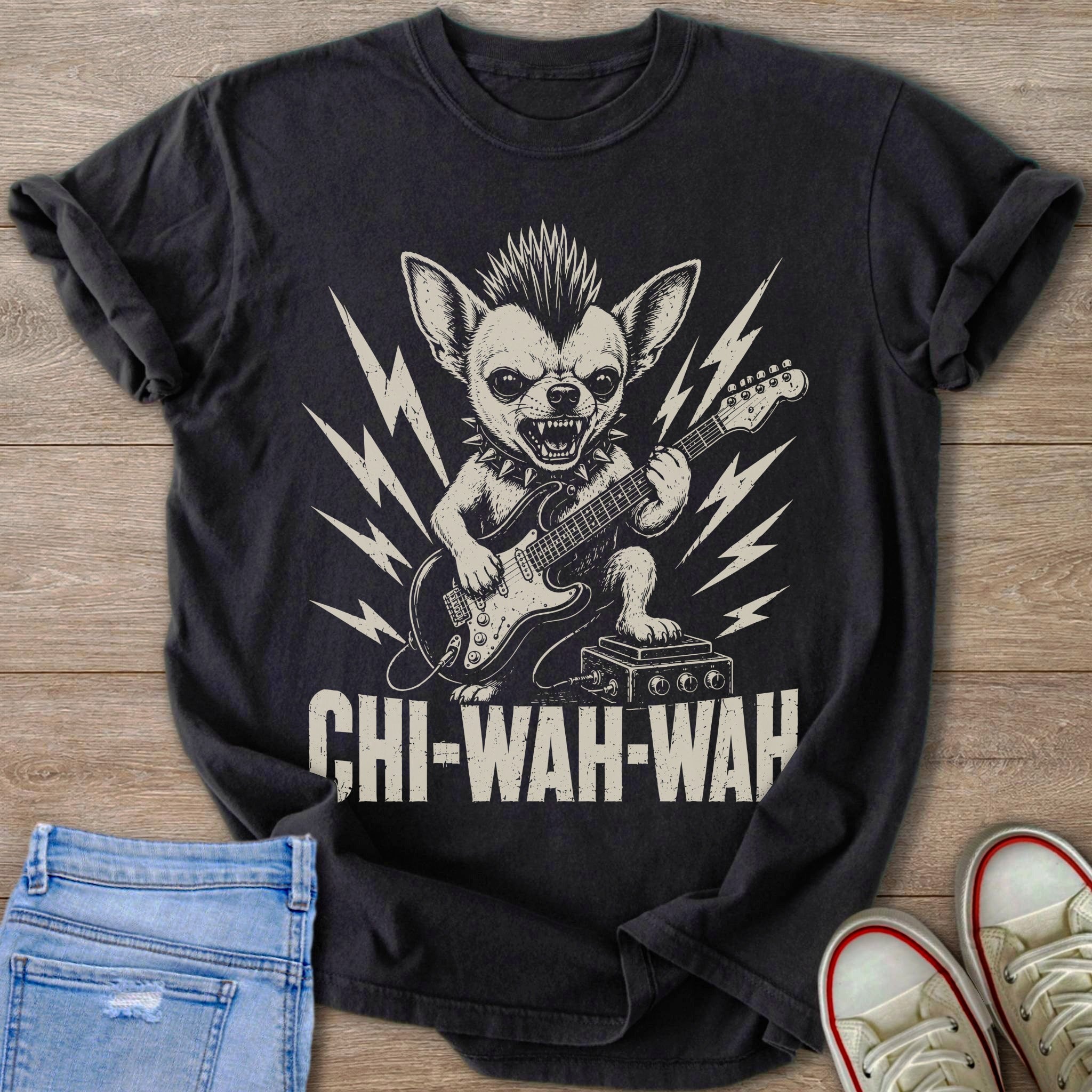 Chihuahua with punk mohawk playing guitar with text Chi-Wah-Wah.