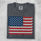 American flag design with dachshunds on a gray t-shirt.