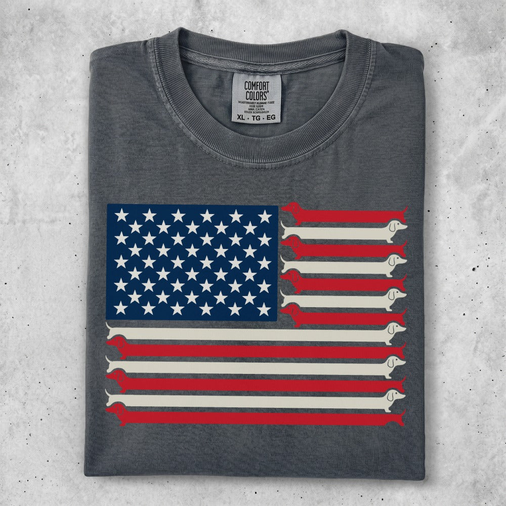 American flag design with dachshunds on a gray t-shirt.