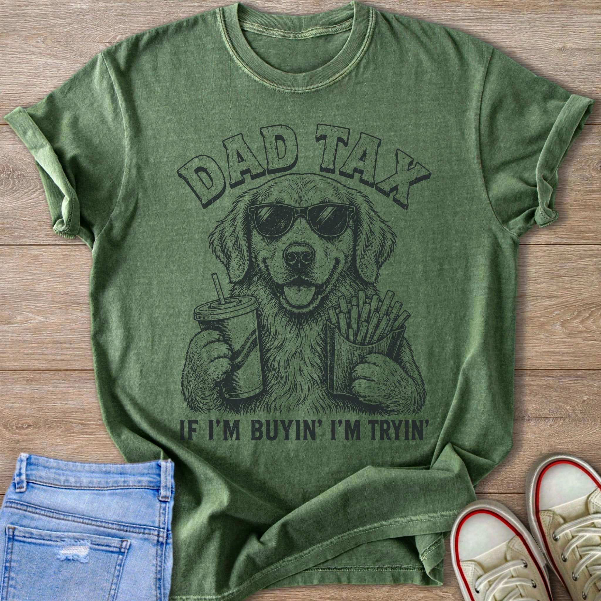 Green t-shirt with "Dad Tax" and a dog holding fries and a drink.