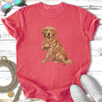 Golden Retriever wearing "I Love Mom" temporary tattoo on shirt.