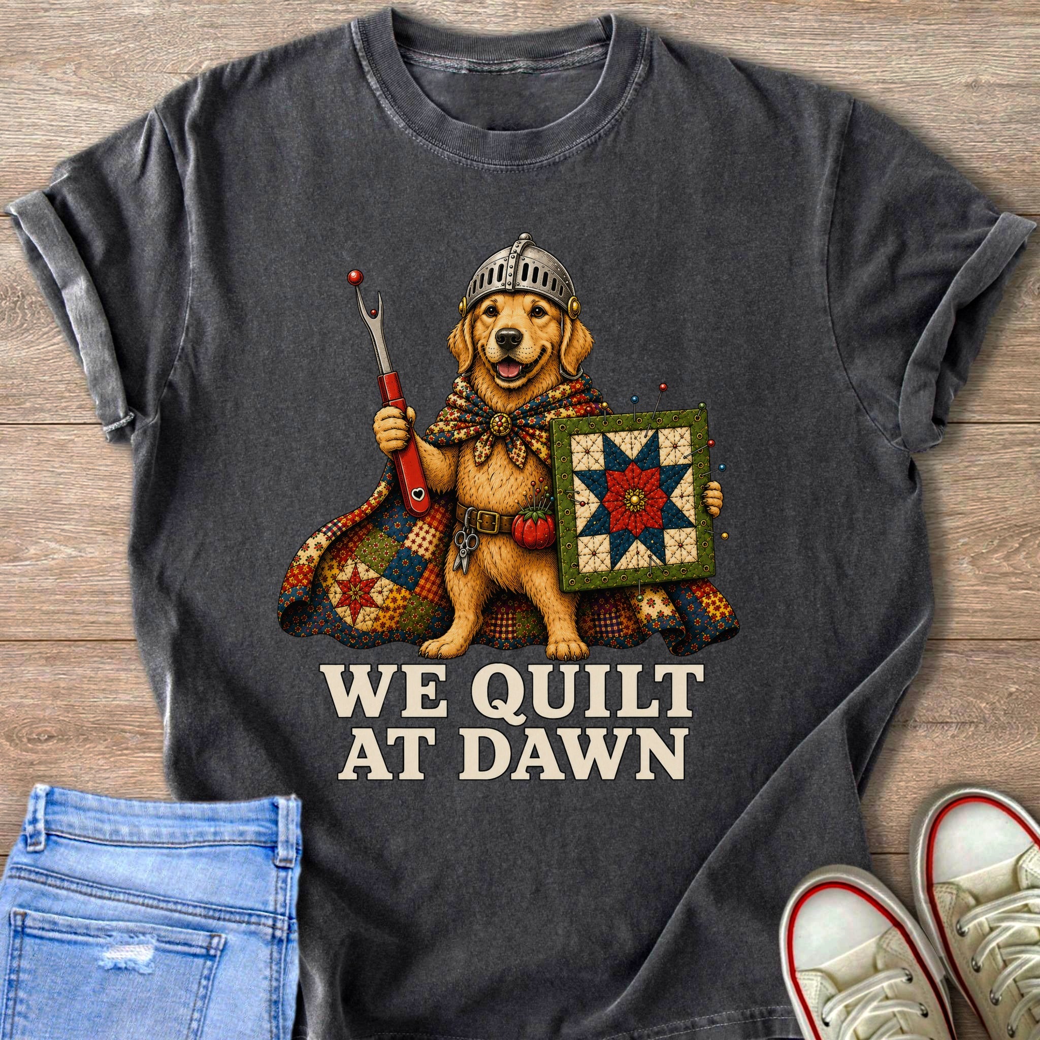 Golden Retriever knight holding a seam ripper and a quilt with text "We Quilt At Dawn".