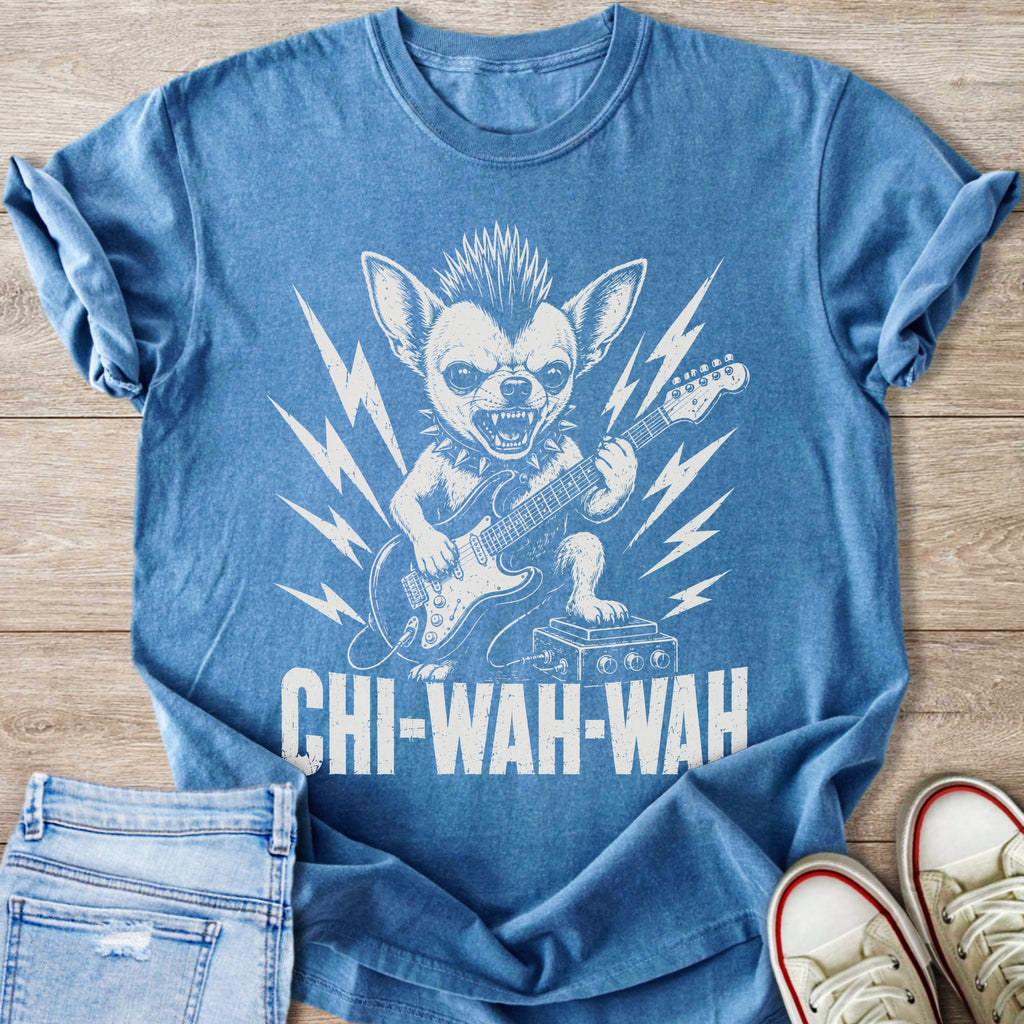 Blue t-shirt with distressed print of a punk chihuahua playing guitar, text reads CHI-WAH-WAH.