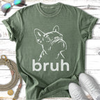 Green t-shirt with white French bulldog graphic and "bruh" text.