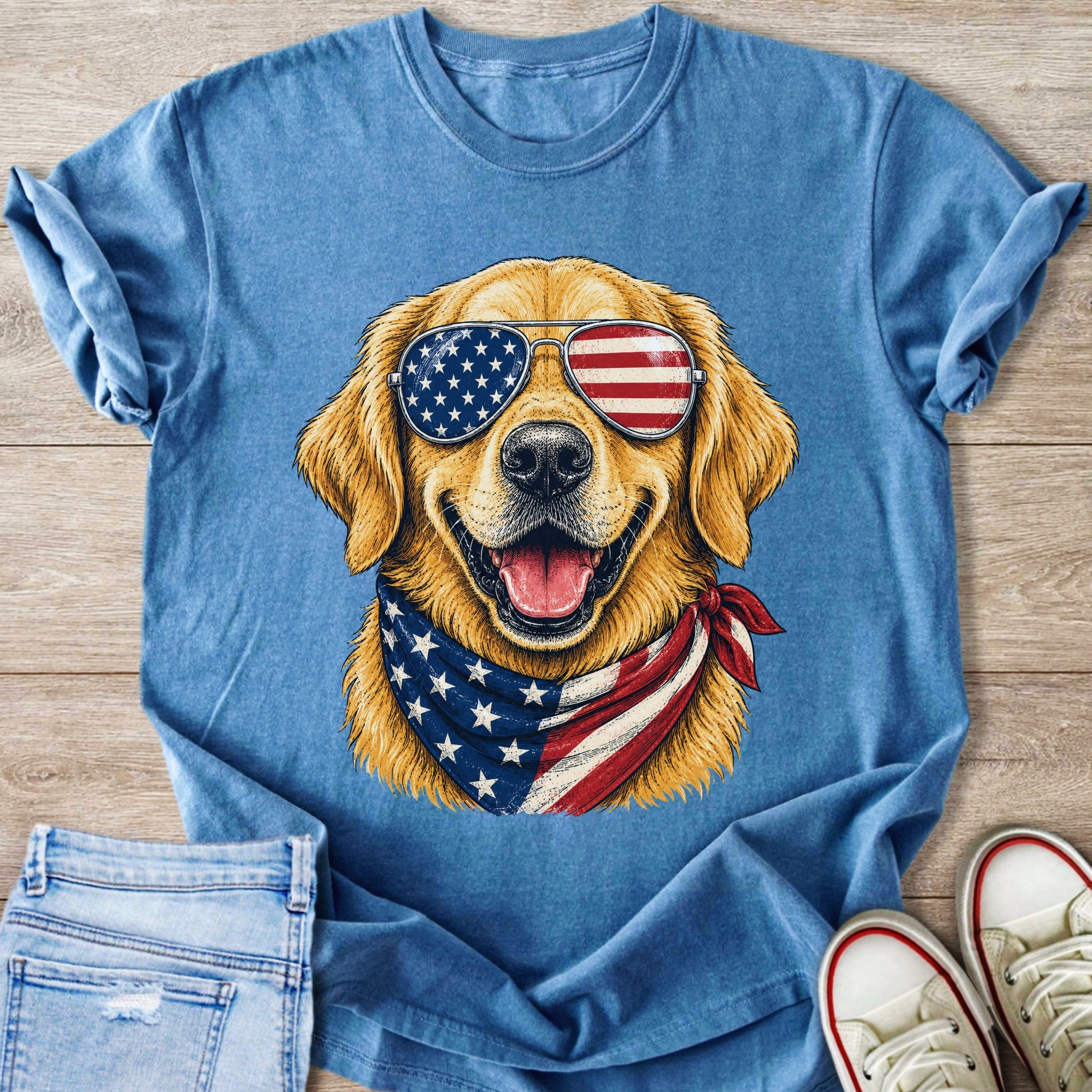 Golden retriever wearing American flag sunglasses and bandana on a blue t-shirt.