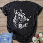 French bulldog blowing on a dandelion, printed on a black t-shirt.