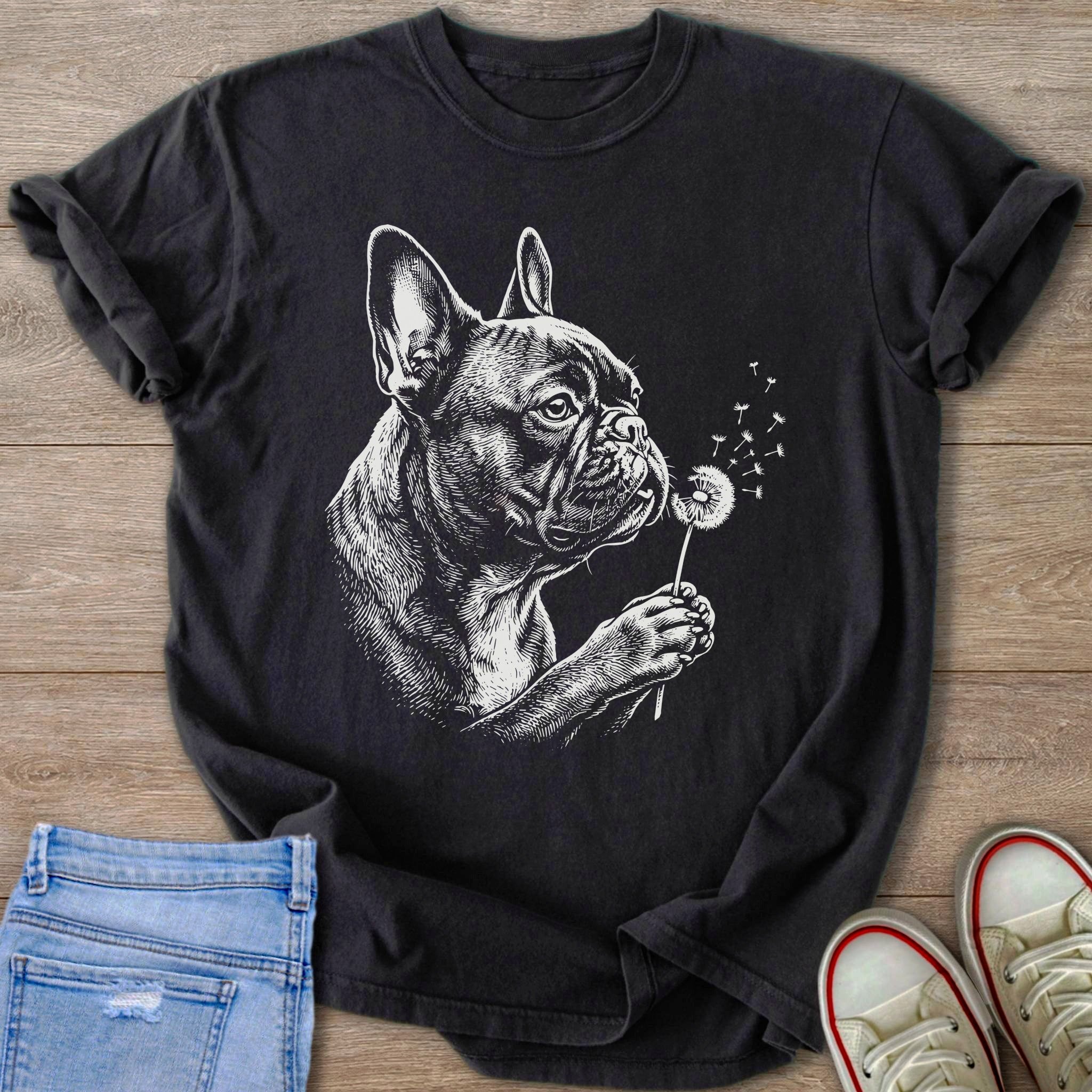 French bulldog blowing on a dandelion, printed on a black t-shirt.