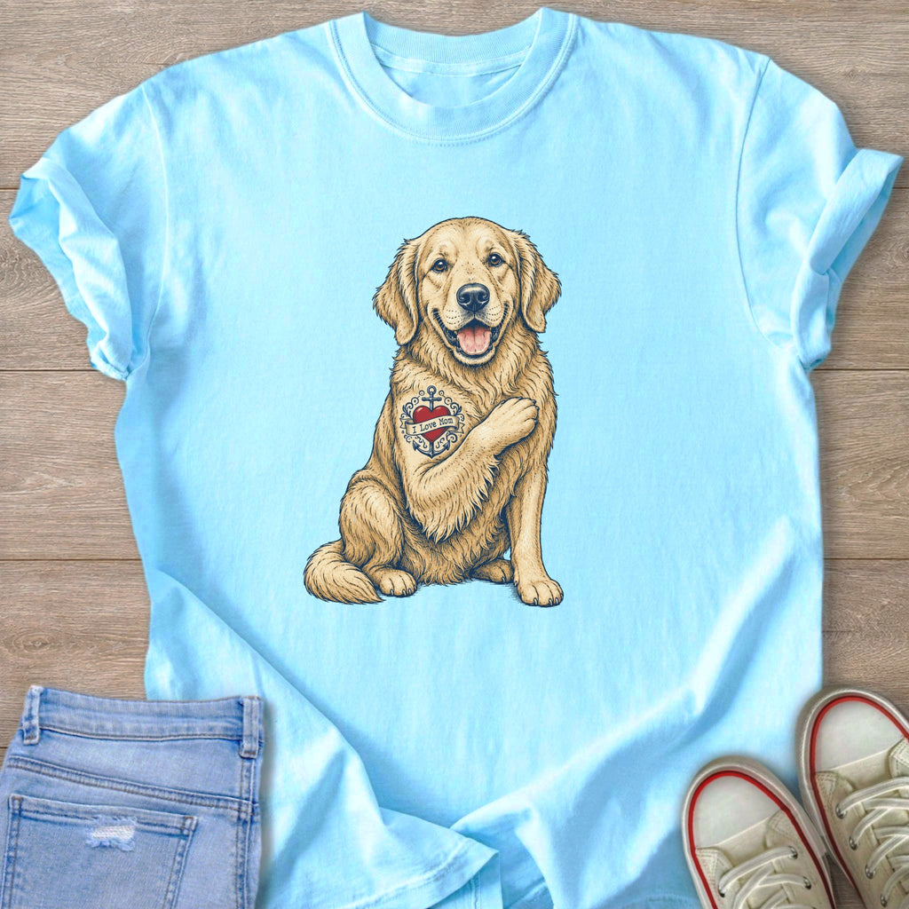 Light blue t-shirt with graphic of golden retriever with "I Love Mom" tattoo.