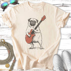 Pug wearing a shirt and playing a red electric guitar.
