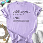 Purple t-shirt with "goldtrovert" and definition about preferring Golden Retrievers.