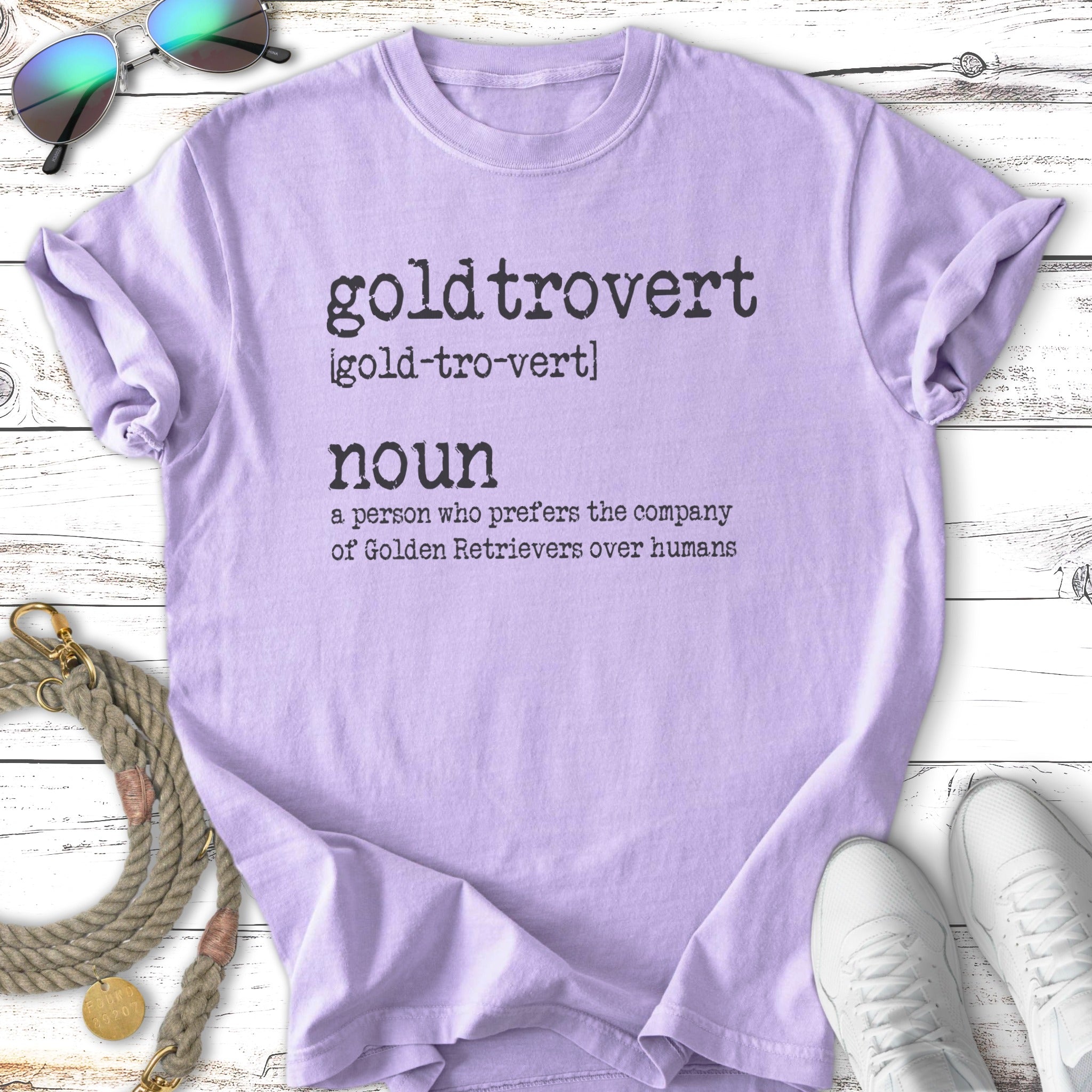 Purple t-shirt with "goldtrovert" and definition about preferring Golden Retrievers.