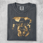 German Shepherd in cowboy hat and bandana, smoking a cigar.