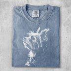 Blue t-shirt with a white terrier dog outline graphic.