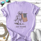 Golden retriever holds American flag, "250 YEARS 1776-2026" text.