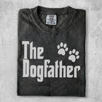 Black t-shirt with "The Dogfather" and paw prints in white.