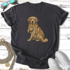 Golden retriever wearing a t-shirt with an "I love Mom" heart tattoo.