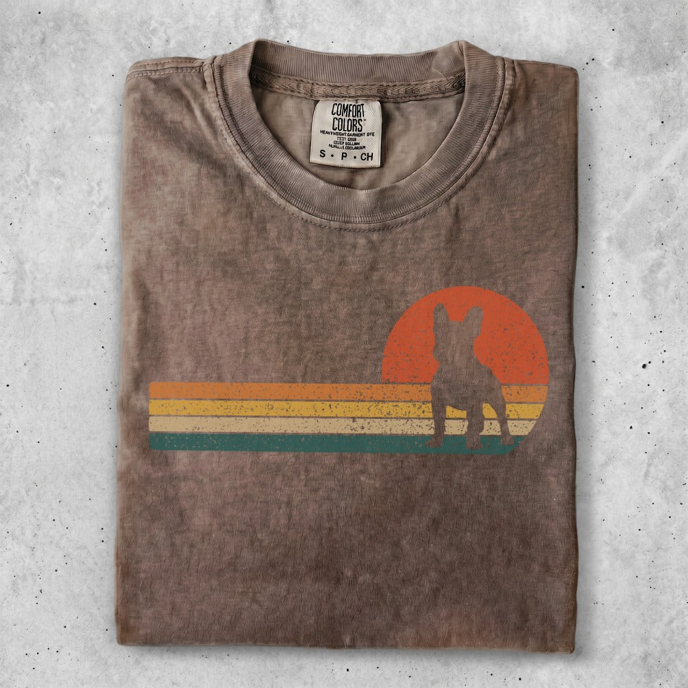 Brown t-shirt with a French bulldog silhouette against a retro sunset graphic.
