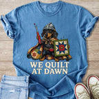Dachshund in knight's armor holding quilting tools and a quilt with text "We Quilt At Dawn".