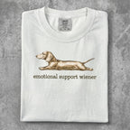 White t-shirt with "Emotional Support Wiener" and a dachshund illustration.