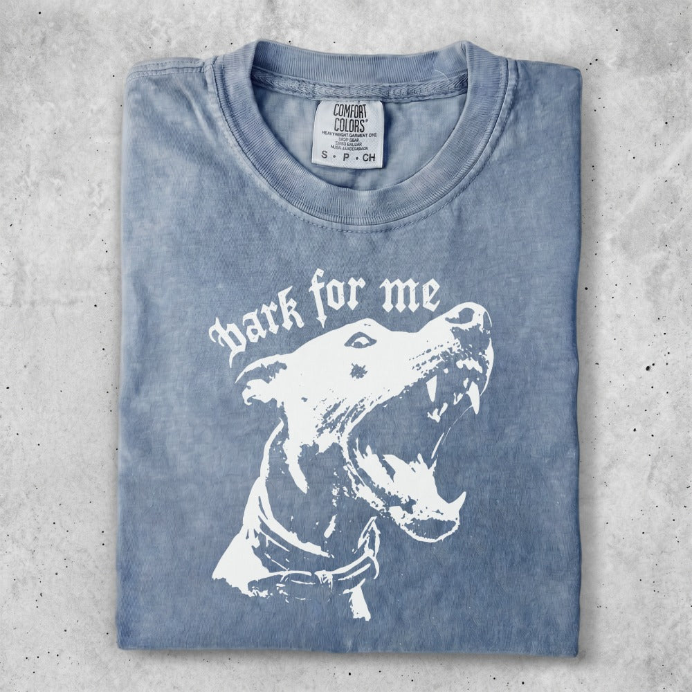 Blue t-shirt with a graphic of a dog's head and "bark for me" text.